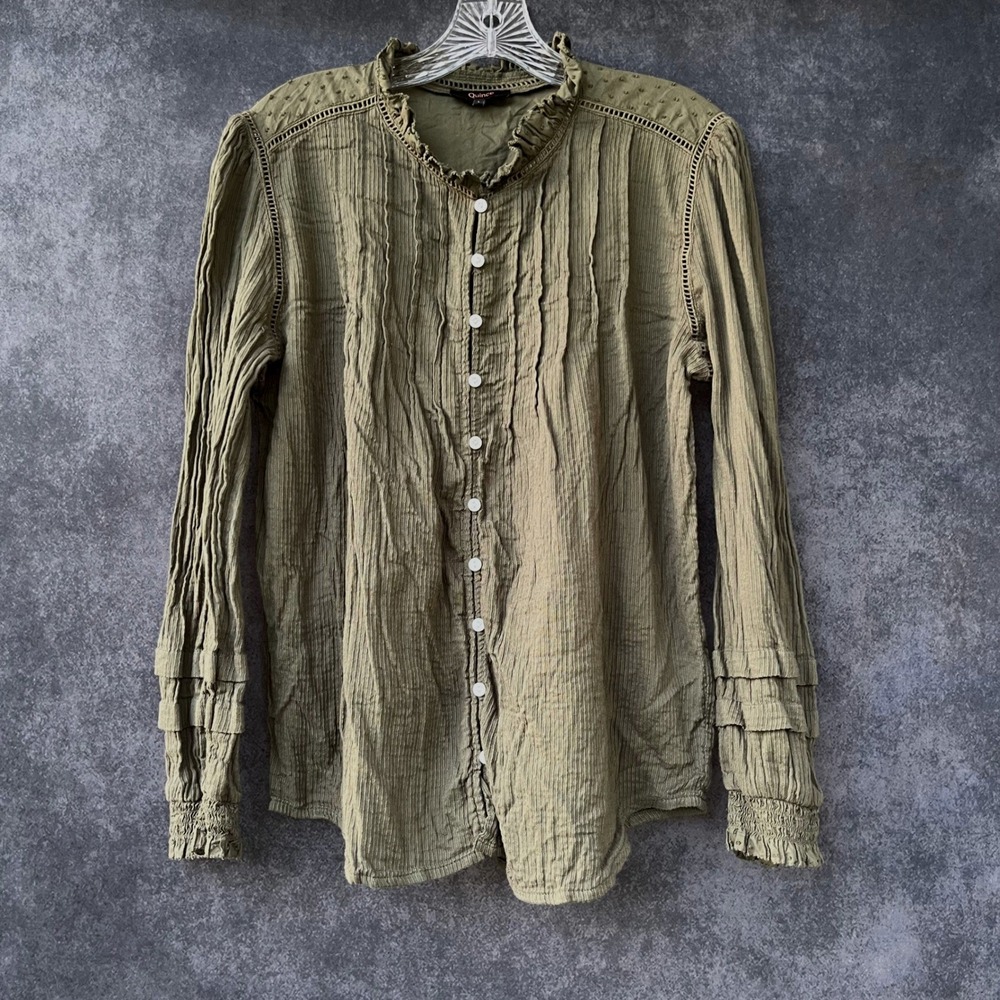 QUINCE $158 Olive Green Organic Cotton Swiss Dot Lace Pintuck Blouse Womens L - Picture 2 of 10